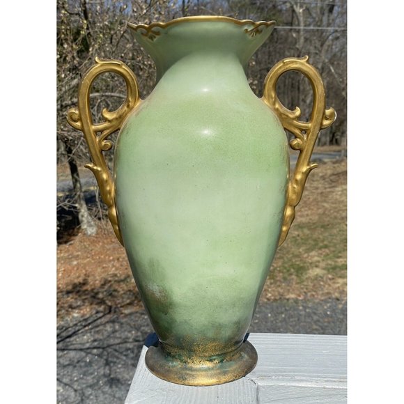 LARGE 15.5" Antique Continental Porcelain Hand Painted Gilt Handled Vase - Picture 10 of 16
